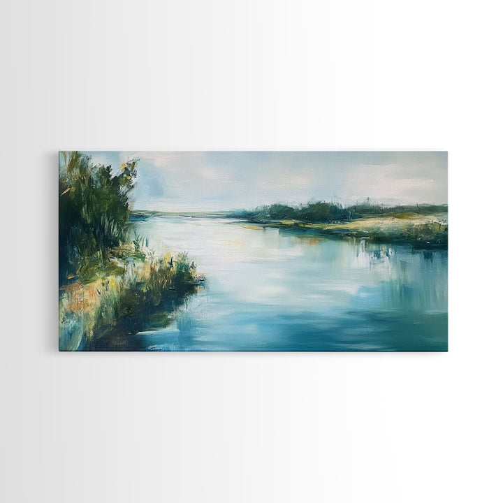River Reflection, landscape painting, rustic wall art, sage green wall art, farmhouse art, coastal art, extra wide art, Canvas Print