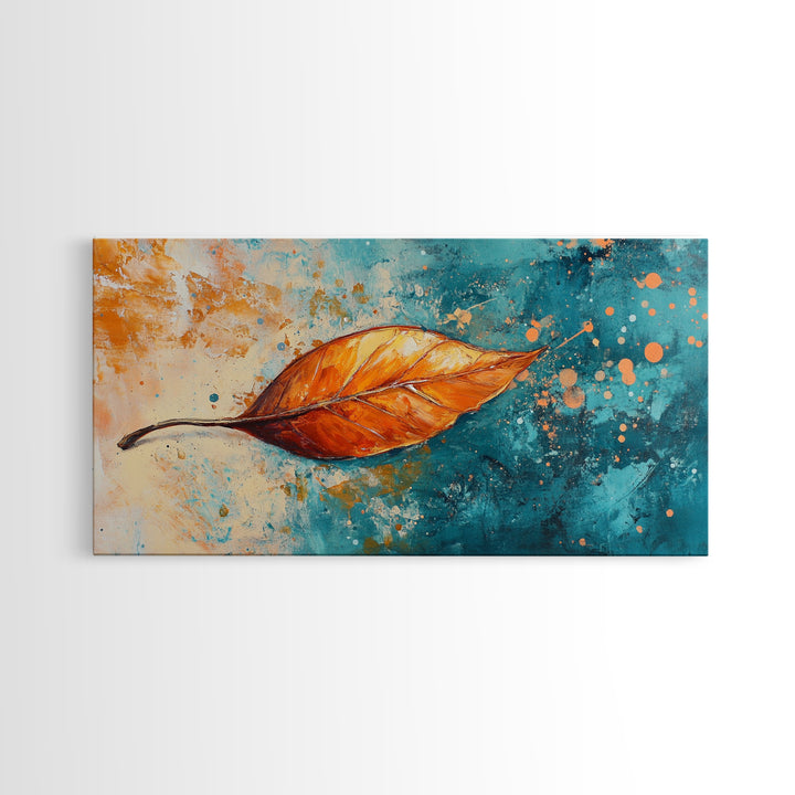 Autumn Leaf, fall painting, teal wall art, botanical prints, moody art, textured painting, gift idea for her, Canvas Print