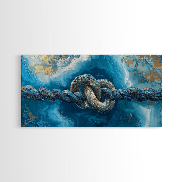 Ocean Rope, nautical decor, blue and gold wall art, coastal painting, seascape painting, horizontal wall art, Framed Canvas Print