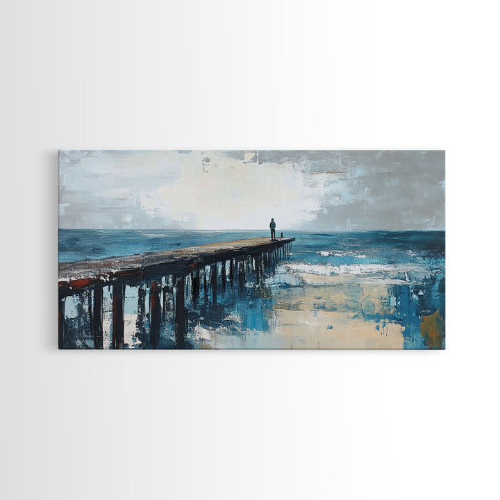 Pier at Dusk, moody art, coastal wall art, ocean painting, nautical painting, wabi sabi art, panoramic art, Canvas Print, seascape