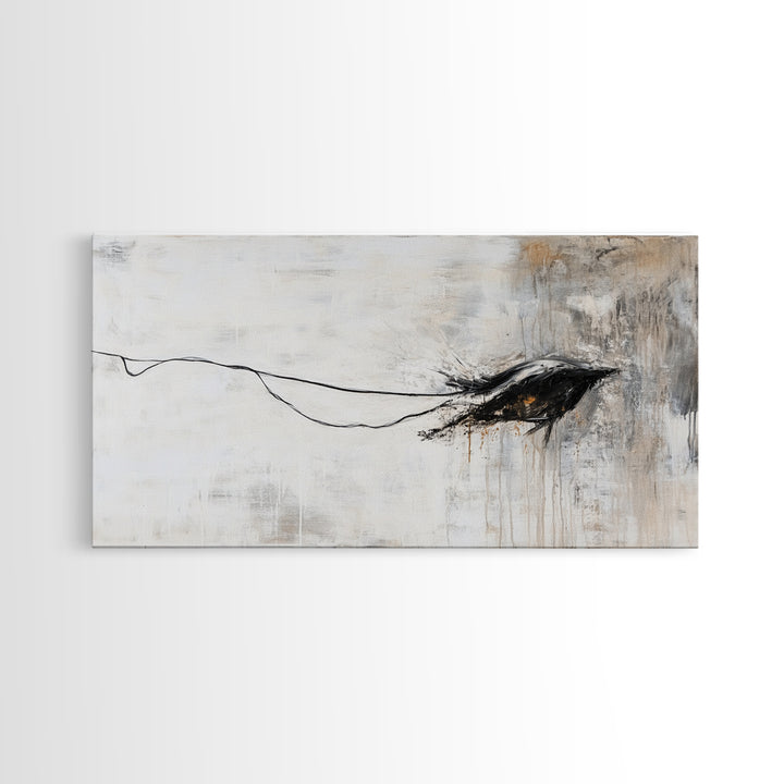 Abstract Crow, dark romance painting, gothic decor, minimalist art, moody art, black and white wall art, Canvas Print, wabi sabi art