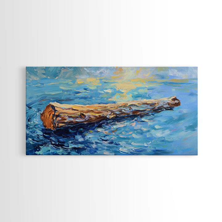 Drifting Log, rustic art, coastal painting, seascape painting, panoramic art, landscape painting, Framed Canvas Print,