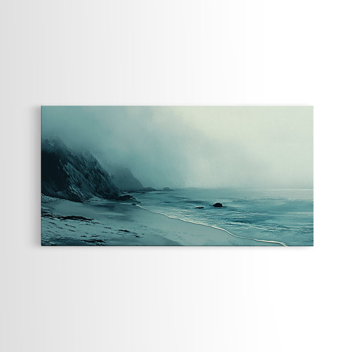 Foggy Beach, coastal decor, nautical painting, moody art, extra wide art, horizontal wall art, Canvas Print, bedroom art