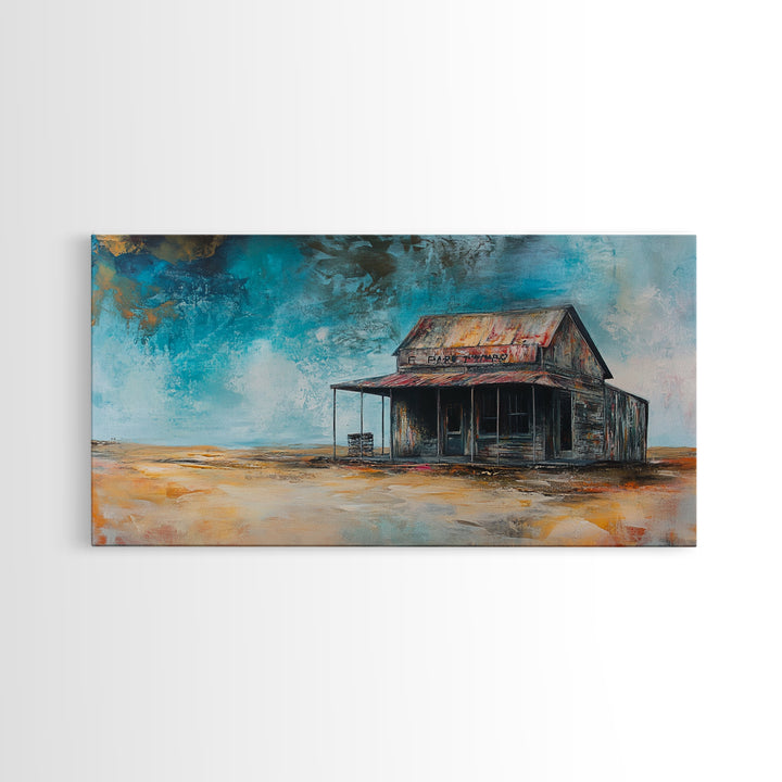 Abandoned Cabin Art, Rustic Wall Art, Moody Art, Western Landscape Painting, Framed Canvas Print, Extra Wide Art, Living Room Art