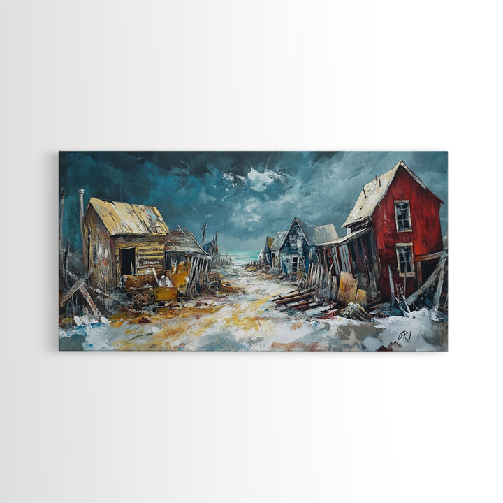 Abandoned Town Art, Rustic Decor, Moody Art, Western Landscape Art, Framed Canvas Print, Extra Wide Art, Farmhouse Art