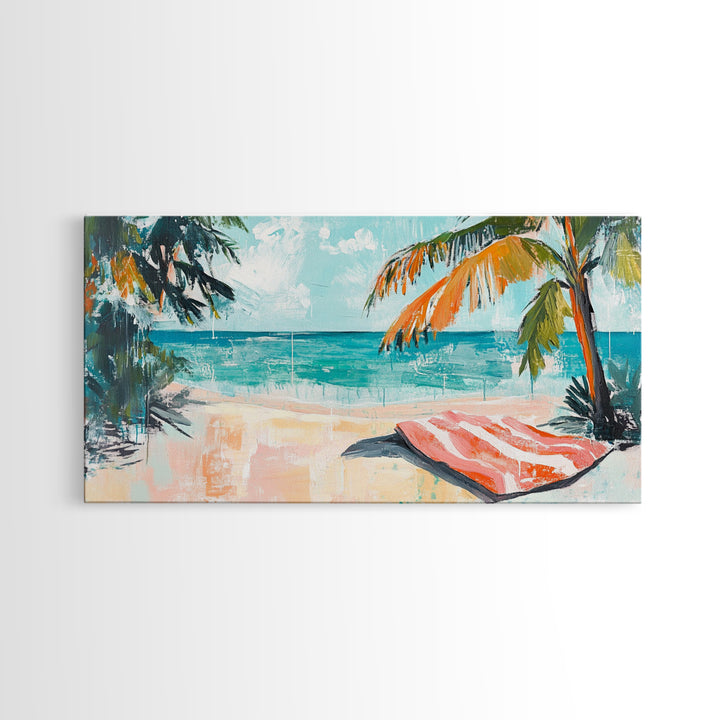 Palm Tree, Coastal Landscape Art, Tropical Beach Art, Nautical Decor, Ocean Painting, Framed Canvas Print, Extra Wide Art, Boho Art