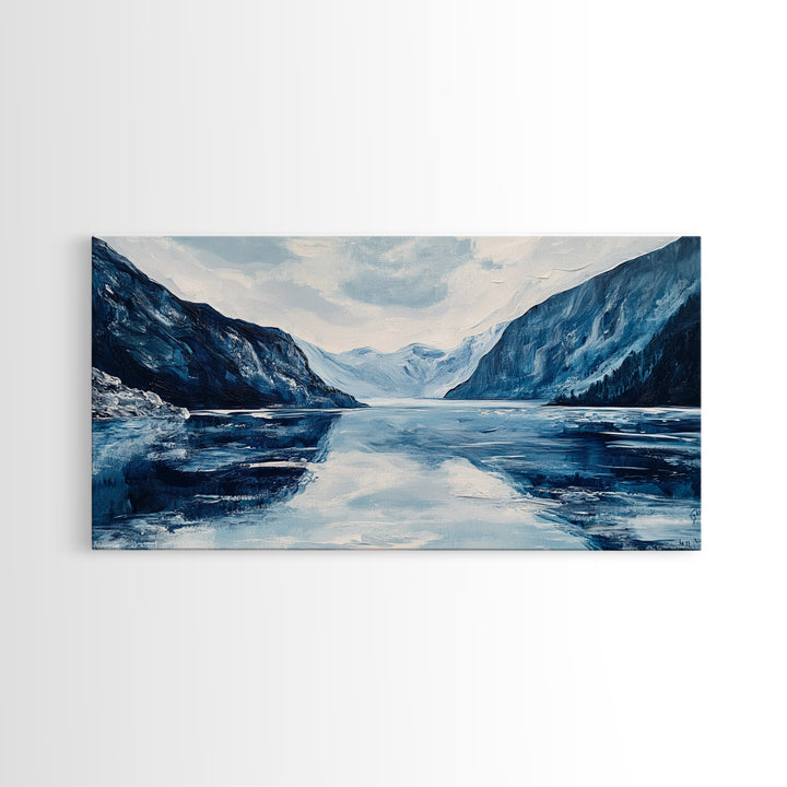 Blue and White Fjord, Lake Tahoe Art, Coastal Landscape Art, Extra Wide Art, Framed Canvas Print, Minimalist Art, Nautical Decor