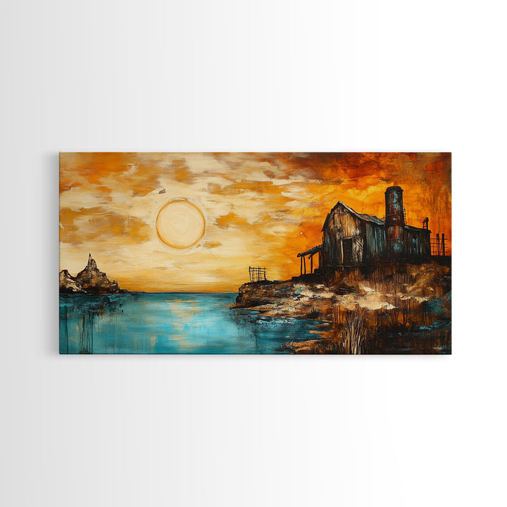 Rustic Barn, sunset painting, farmhouse art, rustic wall art, panoramic painting, framed canvas print, southwest wall art