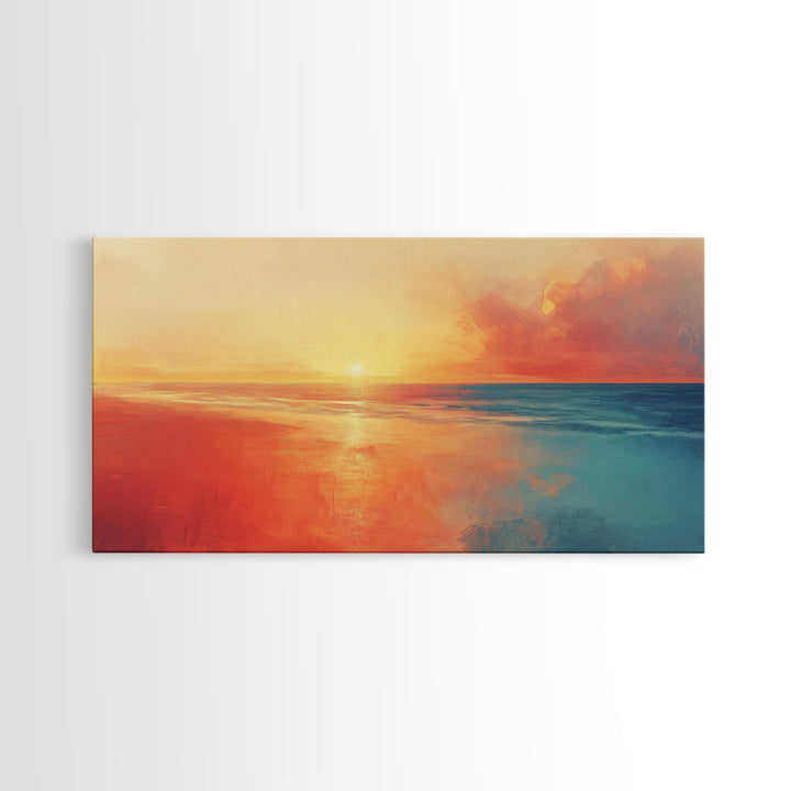 Sunset Ocean, pink orange wall art, coastal landscape art, moody art, extra wide art, panoramic painting, framed canvas print