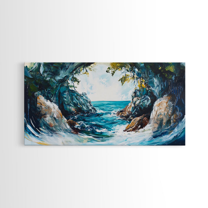 Ocean Cave, coastal landscape art, seascape painting, blue and green wall art, framed canvas print, extra wide art, beach painting