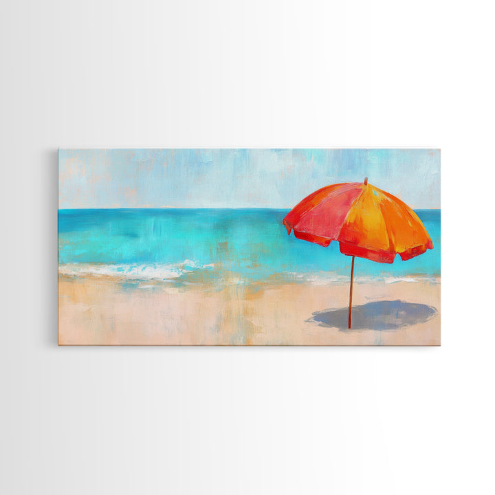Beach Umbrella, Coastal Decor, Nautical Wall Art, Seascape Painting, Ocean Painting, Extra Wide Art, Framed Canvas Print, Beach House Art