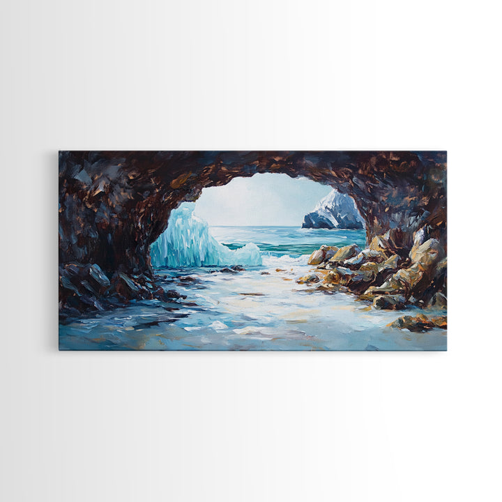 Coastal Ice Cave, Canvas Print, seascape painting, nautical decor, blue and green wall art, landscape painting, extra wide art