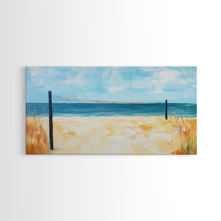 Beach Volleyball, Coastal Wall Art, Nautical Decor, Seascape Painting, Ocean Painting, Framed Canvas Print, Extra Wide Art, Boho Art