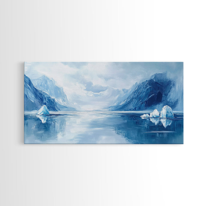 Arctic Reflections, Canvas Print, landscape painting, nautical painting, blue and green wall art, extra wide art, minimalist art