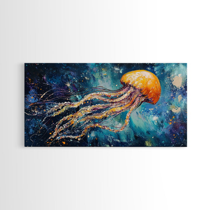 Cosmic Jellyfish, Canvas Print, ocean art, octopus art, dolphin painting, extra wide art, dark romance painting, coastal wall art
