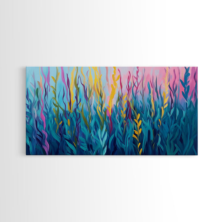 Abstract Seaweed, Framed Canvas Print, ocean art, botanical prints, teal wall art, pink abstract art, extra wide art, coastal decor