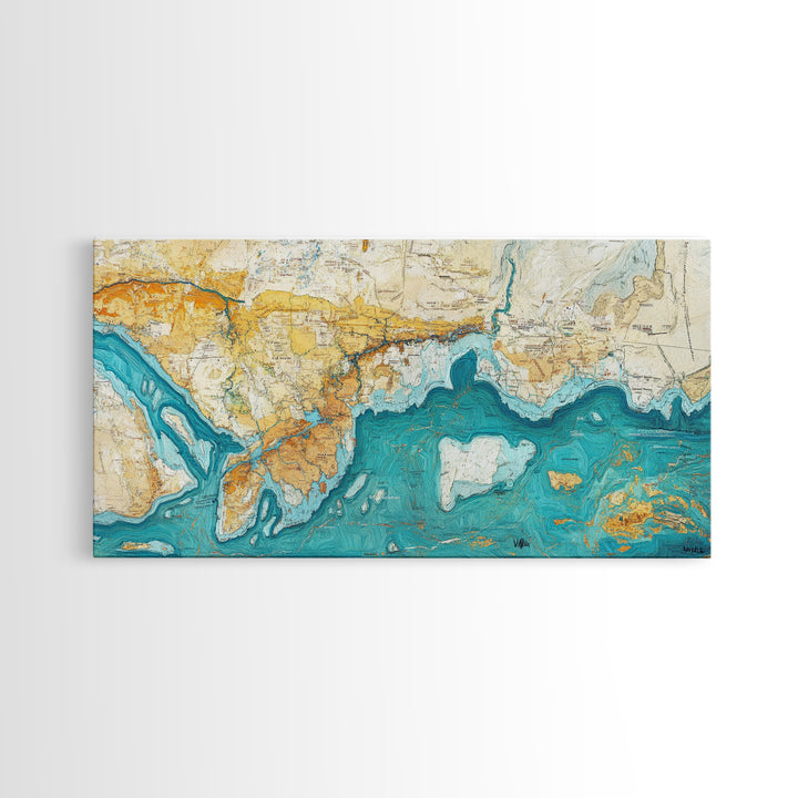 Abstract Map Art, Coastal Decor, Nautical Painting, Extra Wide Art, Framed Canvas Print, Blue and Green Wall Art