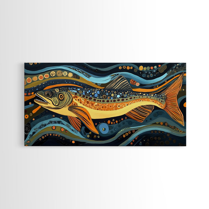 Abstract Trout Art, Fly Fishing Art, Rustic Wall Art, Whimsical Art, Framed Canvas Print, Tall Narrow Art, Living Room Art