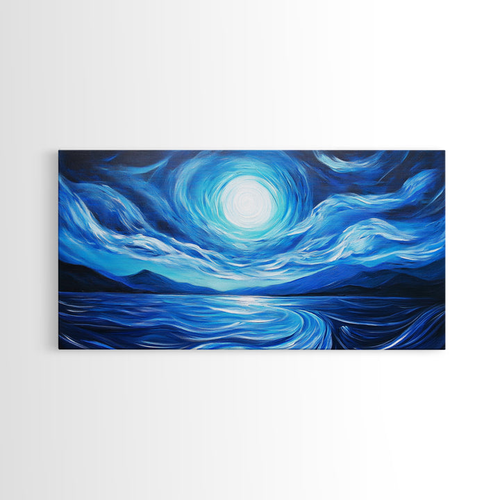 Blue Moon Painting, Moody Art, Nautical Wall Art, Coastal Painting, Framed Canvas Print, Above Couch Art, Extra Wide Art