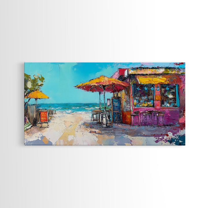 Beach Bar, Coastal Landscape Art, Tropical Art, Nautical Wall Art, Ocean Painting, Extra Wide Art, Framed Canvas Print, Rustic Wall Art