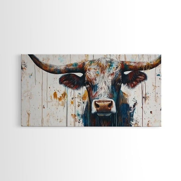 Bull Portrait, rustic decor, farmhouse art, bull and bear art, southwestern wall art, moody art, canvas print, extra wide art