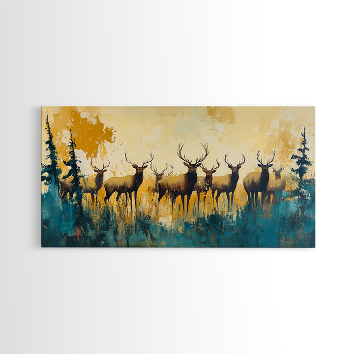 Deer Herd Painting, rustic wall art, farmhouse art, wildlife painting, nature painting, framed canvas print, woodland decor