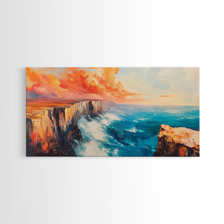 Coastal Cliffs Painting, landscape painting, seascape painting, blue and green wall art, framed canvas print, nautical wall art