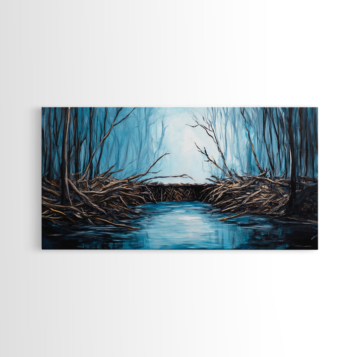 Beavers, river, landscape painting, extra wide art, panoramic painting, moody art, framed canvas print, rustic wall art, bedroom art