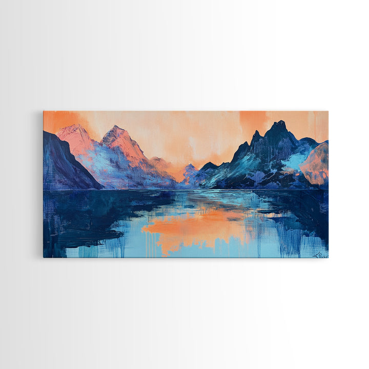 Twilight Peaks, pink orange wall art, framed canvas print, panoramic painting, above sofa art, extra wide art, landscape painting