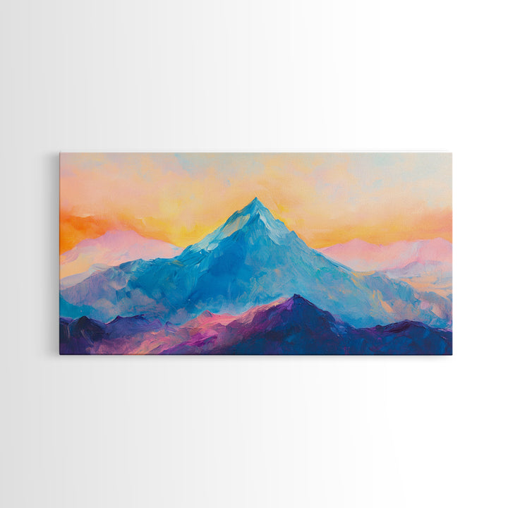 Blue Mountain, Sunset Landscape, Panoramic Art, Canvas Print, Mountain Painting, Pink Orange Wall Art, Extra Wide Art, Living Room Art