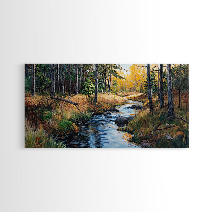 Autumn Forest, Creek Painting, Panoramic Art, Framed Canvas Print, Pine Tree Art, Rustic Wall Art, Extra Wide Art, Fall Landscape Painting