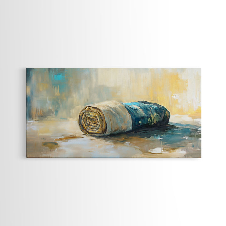 Rolled fabric, oil painting from photo, rustic decor, farmhouse art, wabi sabi art, framed canvas print, horizontal wall art, gift idea