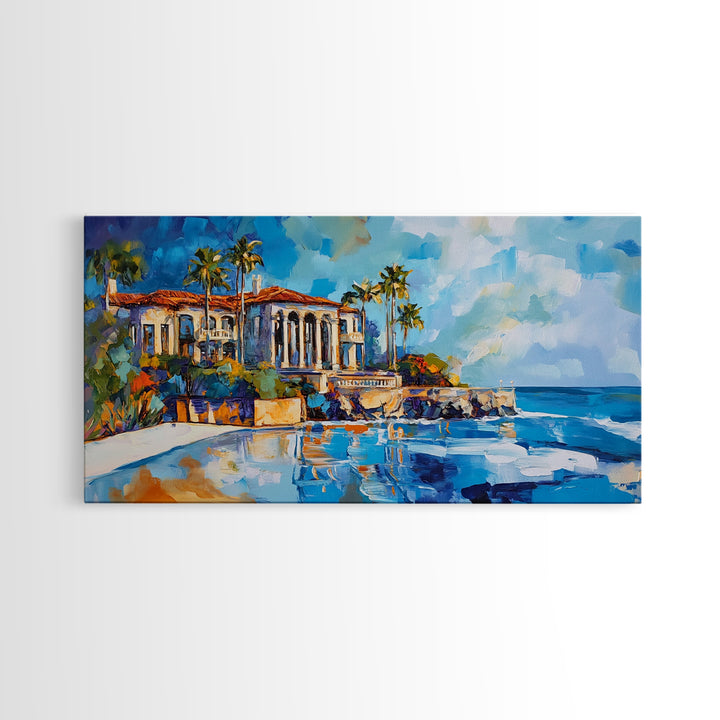 Coastal Mansion, Palm Trees, Panoramic Art, Framed Canvas Print, Coastal Landscape Art, Tropical Decor, Extra Wide Art, Living Room Art