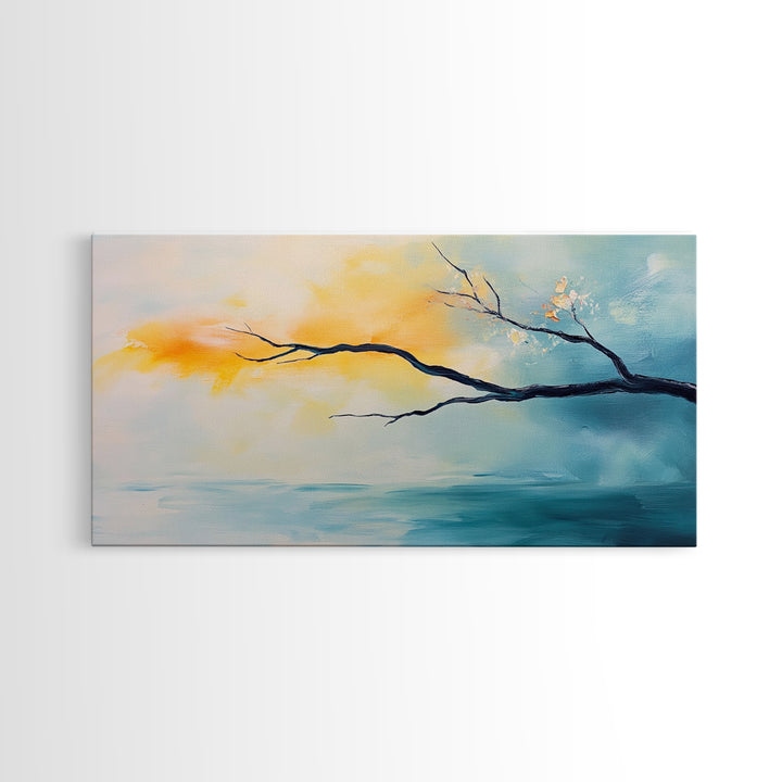 Cherry blossom painting, coastal decor, framed canvas print, minimalist art, abstract landscape, extra wide art, horizontal wall art