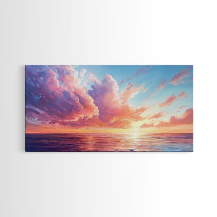 Seascape painting, framed canvas print, extra wide art, sunset painting, panoramic wall art, ocean waves, nautical wall art