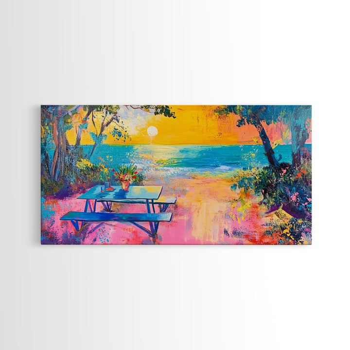 Coastal landscape art, framed canvas print, extra wide art, vibrant sunset painting, tropical beach decor, ocean waves, panoramic art