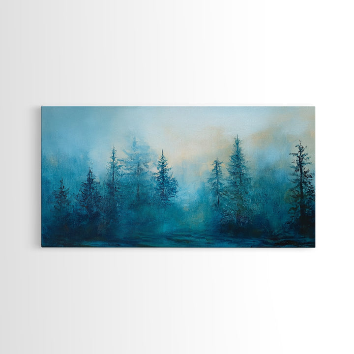 Pine tree art, smoky mountain art, framed canvas print, misty forest painting, rustic wall art, extra wide art, moody landscape