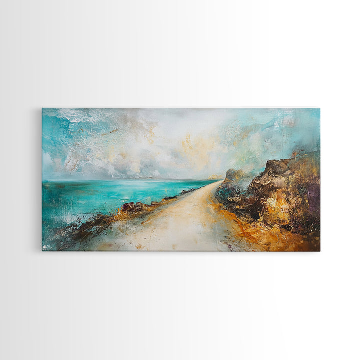 Coastal decor, framed canvas print, extra wide art, nautical wall art, beach road painting, rustic landscape, panoramic art