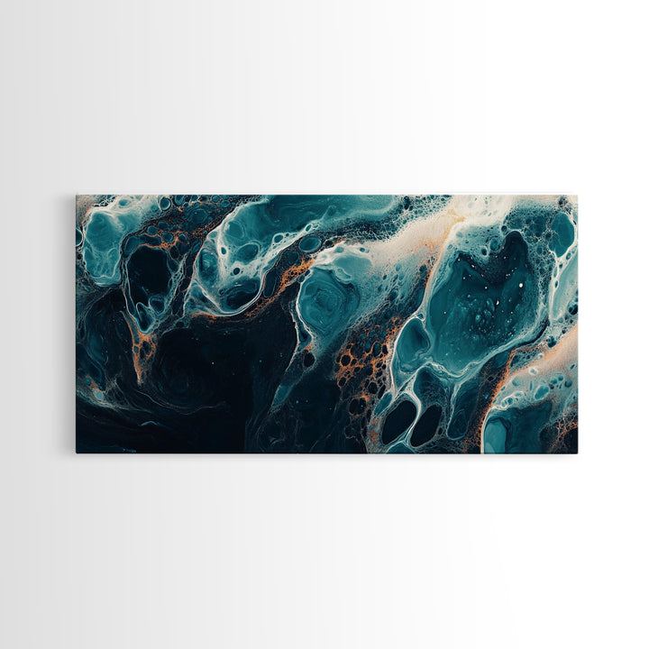 Abstract Fluid Art, moody art, blue and green wall art, wabi sabi art, extra wide art, horizontal wall art, Canvas Print