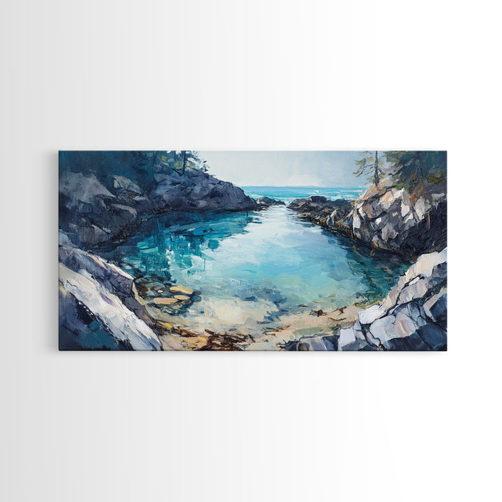 Rocky Coastal Cove, Maine oil painting, nautical decor, seascape painting, extra wide art, above bed wall art, Canvas Print