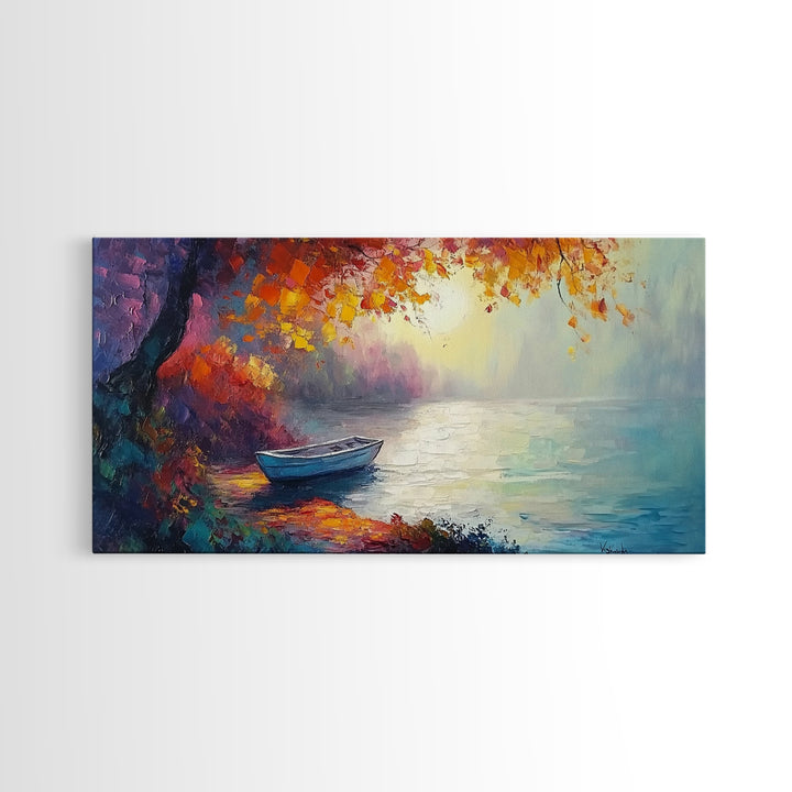 Autumn Lake Scene, landscape painting, fall wall art, framed canvas print, rustic decor, above sofa art, moody art, extra wide art