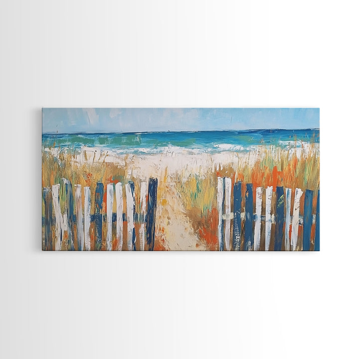 Beach Fence, coastal painting, framed canvas print, nautical decor, seascape painting, blue and green wall art, extra wide art