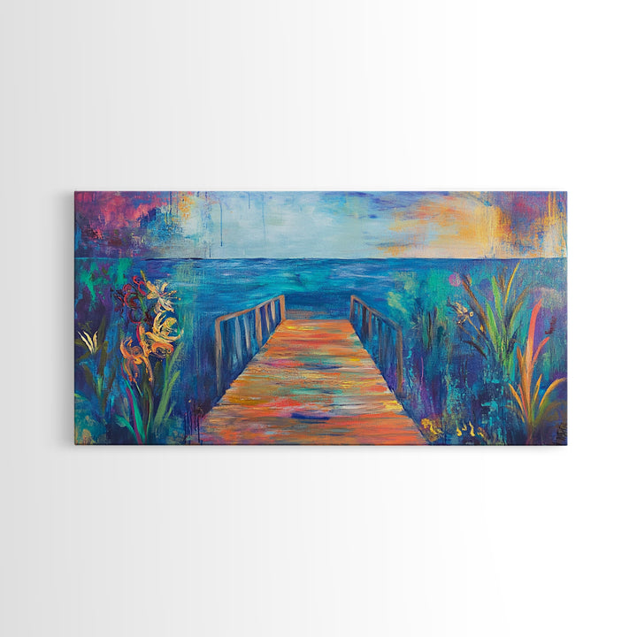 Dock, ocean sunset, coastal painting, coastal landscape art, nautical decor, seascape painting, framed canvas print, above bed wall art