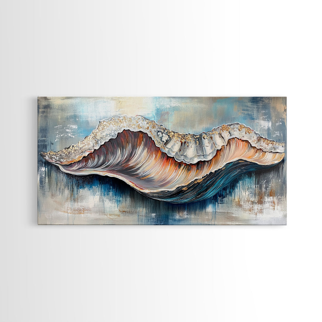 Oyster Shell, coastal painting, framed canvas print, nautical decor, oyster wall art, blue and green wall art, extra wide art