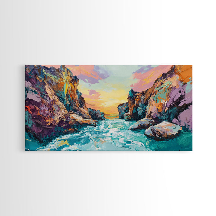 Coastal Canyon Sunset, panoramic painting, extra wide art, framed canvas print, seascape painting, southwest wall art