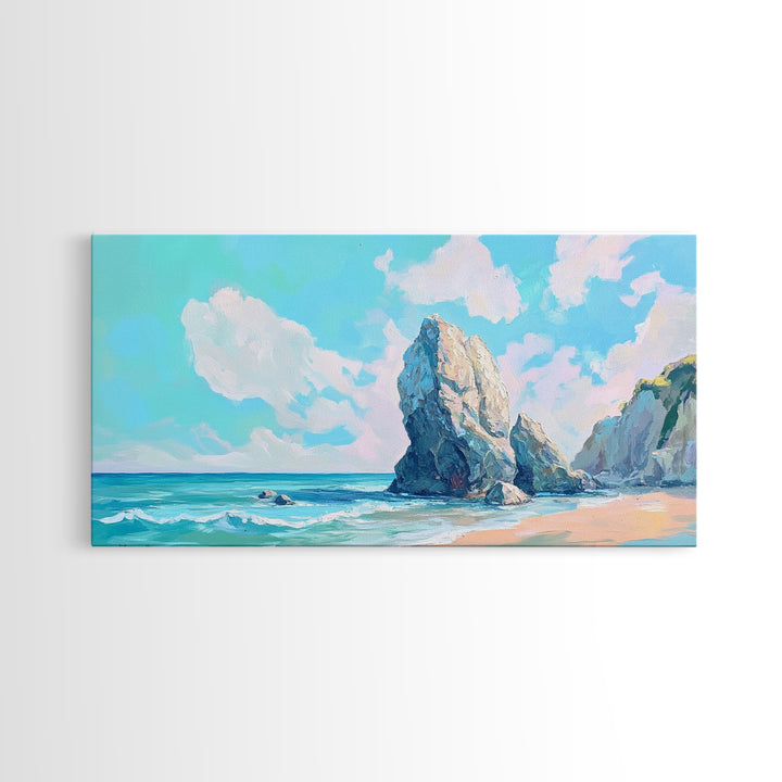 Coastal Rock Formations, beach painting, framed canvas print, coastal wall art, nautical decor, seascape painting, extra wide art
