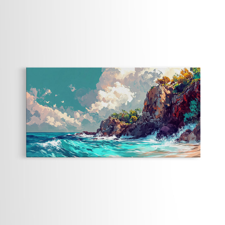 Rocky Cliff Beach, coastal landscape art, framed canvas print, seascape painting, nautical decor, extra wide art, above couch art