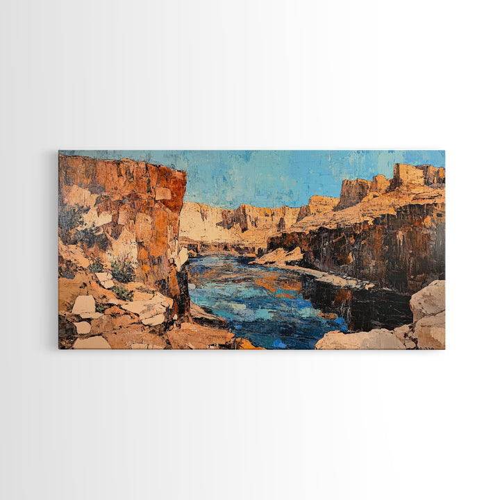 Canyon River, southwest landscape, desert cliffs, textured painting, extra wide art, panoramic art, Framed Canvas Print, rustic decor