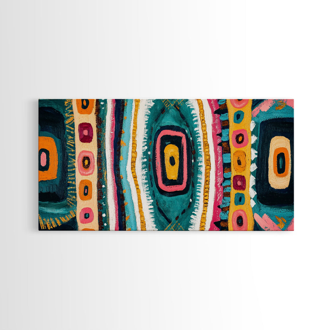 Geometric Abstract, bold colors, sacred geometry art, tribal design, vibrant patterns, extra wide art, Framed Canvas Print, boho art