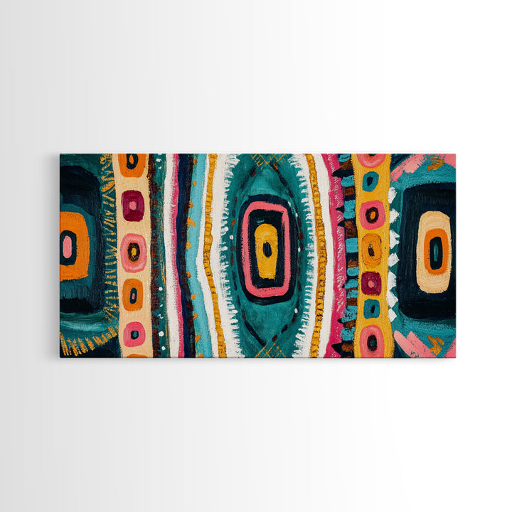 Geometric Abstract, bold colors, sacred geometry art, tribal design, vibrant patterns, extra wide art, Framed Canvas Print, boho art